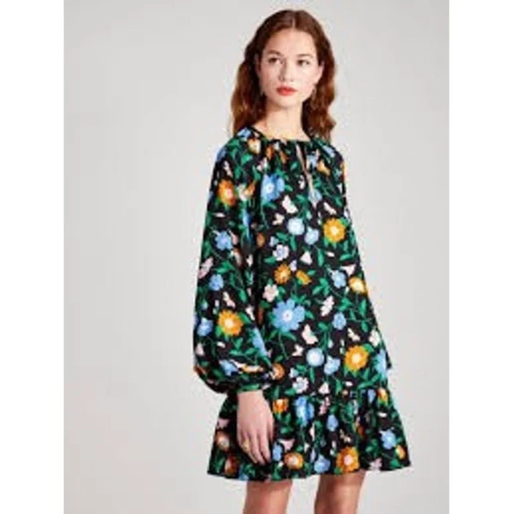 Kate Spade New York Spring Floral Garden Tulip Dress Black Size 6 Long Sleeve